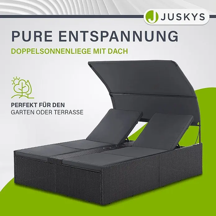Juskys Doppelliege Syros - Metall, schwarz - Dunkelgraue Rattan-Doppelliege mit verstellbaren Rückenlehnen, grauen Polstern und verstellbarem Dach für entspannte Stunden im Freien.
