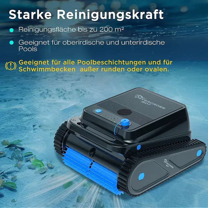 EVERCROSS BOT Poolroboter - Akkubetrieben, Passend für: Rechteckige Schwimmbecken bis 200 m² (keine runden/ovalen Becken), Filterleistung: 18.000 l/h - Schwarzer Roboter-Poolreiniger mit blauen Bürsten und schwarzen Ketten, der den Poolboden unter Wasser reinigt.