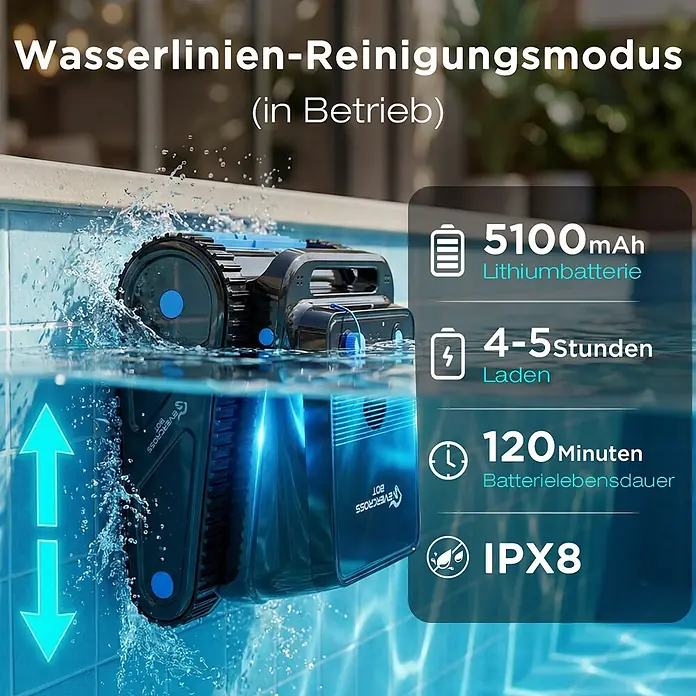EVERCROSS BOT Poolroboter - Akkubetrieben, Passend für: Rechteckige Schwimmbecken bis 200 m² (keine runden/ovalen Becken), Filterleistung: 18.000 l/h - Ein schwarz-blauer Roboter-Poolreiniger mit Raupenketten, der teilweise in einem Pool untergetaucht die Wasserlinie reinigt. Pfeile zeigen vertikale Bewegung.