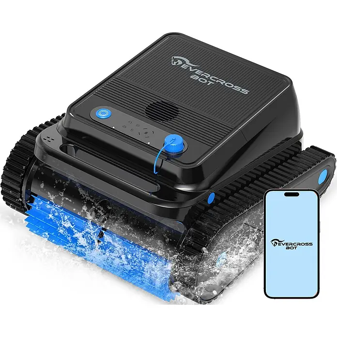 EVERCROSS BOT Poolroboter - Akkubetrieben, Passend für: Rechteckige Schwimmbecken bis 200 m² (keine runden/ovalen Becken), Filterleistung: 18.000 l/h - Schwarzer Roboter-Poolreiniger mit blauen Akzenten, Kettenlaufwerk und aktivem Wasserstrahl, daneben ein Smartphone mit seiner App.