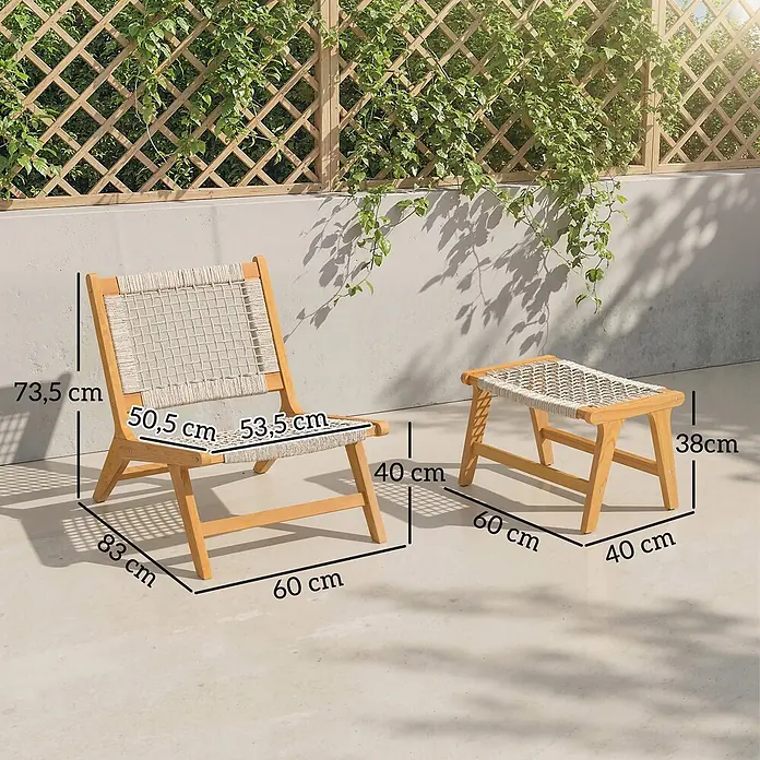 Outsunny Garten-Loungesessel - 1 Stk., Akazienholz, PP-Rattan, Beige, Holz - Loungesessel- und Ottoman-Set aus hellem Holz und geflochtenem Seil mit Maßen im Gartenambiente.