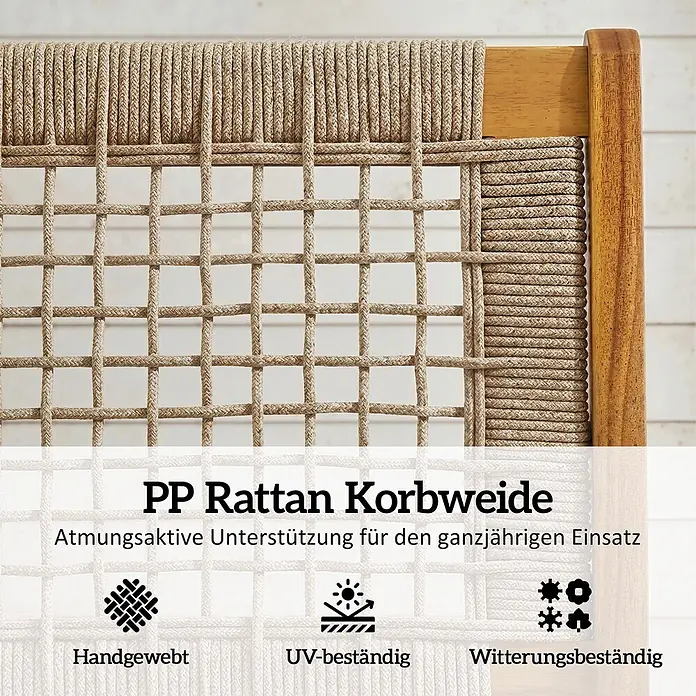 Outsunny Garten-Loungesessel - 1 Stk., Akazienholz, PP-Rattan, Beige, Holz - Nahaufnahme eines handgewebten PP-Rattan-Geflechts in Naturtönen, UV- und wetterbeständig für ganzjährigen Einsatz.