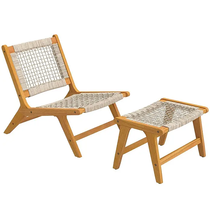 Outsunny Garten-Loungesessel - 1 Stk., Akazienholz, PP-Rattan, Beige, Holz - Hölzerner Loungesessel und passender Hocker mit cremefarbenem geflochtenem Seil als Sitz- und Rückenlehne.