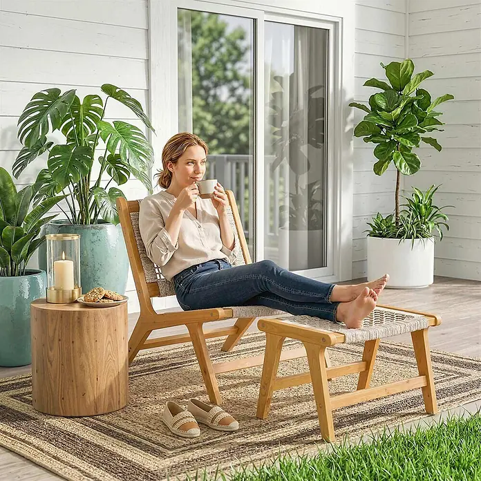 Outsunny Garten-Loungesessel - 1 Stk., Akazienholz, PP-Rattan, Beige, Holz - Eine Frau entspannt sich auf einem hellen Holzstuhl mit geflochtener Seilbespannung und passendem Hocker auf einer Terrasse.
