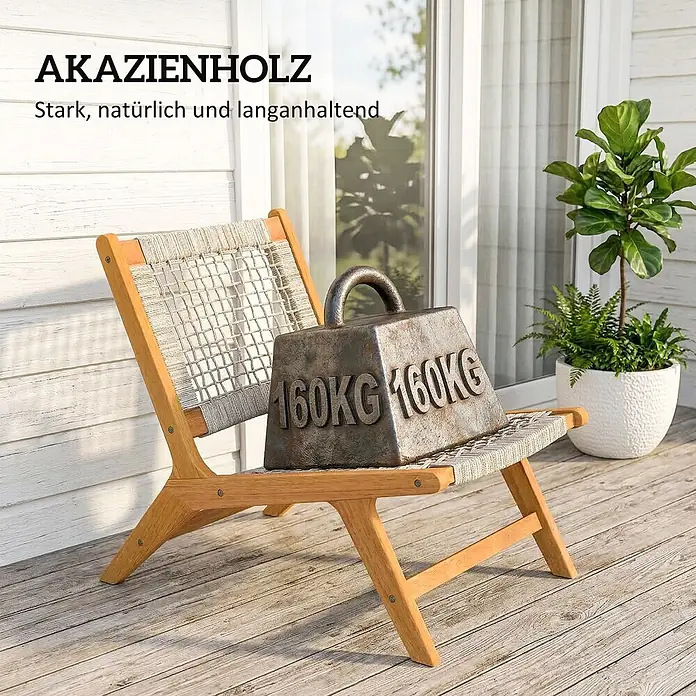 Outsunny Garten-Loungesessel - 1 Stk., Akazienholz, PP-Rattan, Beige, Holz - Akazienholzstuhl mit geflochtener Sitz- und Rückenlehne, der ein 160kg Gewicht trägt, um Stärke zu demonstrieren.