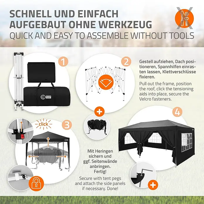 ECD Germany Faltpavillon - B x T: 600 x 600 cm, Farbe Dach: Schwarz - Aufbauanleitung für ein schwarzes Pop-up-Pavillon, einfache Montage ohne Werkzeug.