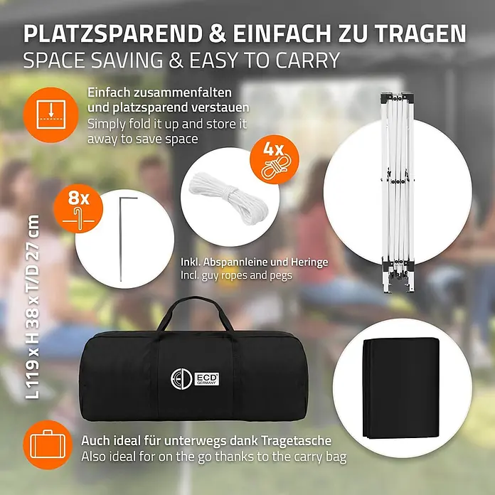 ECD Germany Faltpavillon - B x T: 600 x 600 cm, Farbe Dach: Schwarz - Eine schwarze Tragetasche enthält ein gefaltetes weißes Pavillongestell, eine schwarze Abdeckung, 4 Seile und 8 Heringe, was sein kompaktes, tragbares Design hervorhebt.