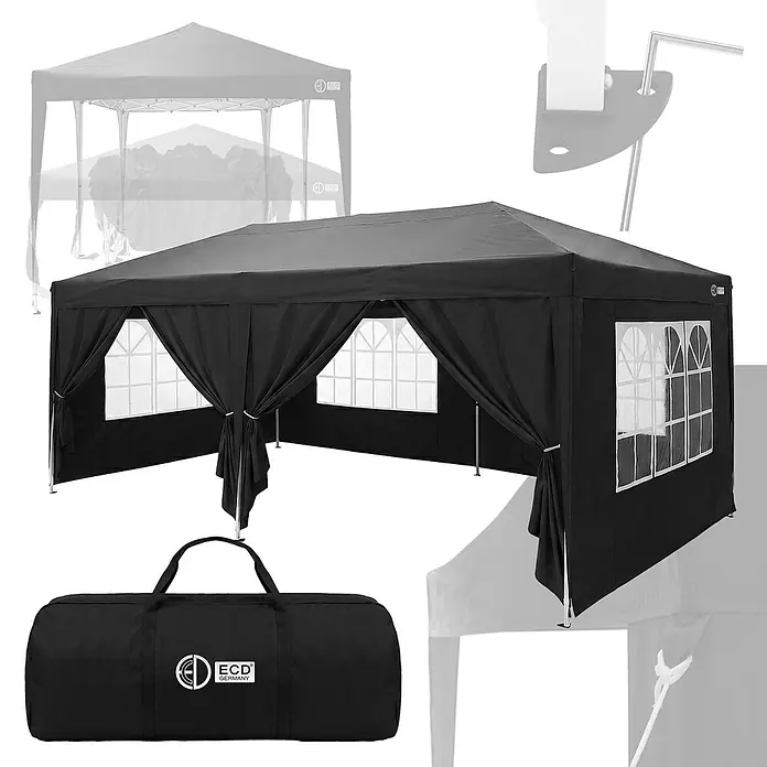 ECD Germany Faltpavillon - B x T: 600 x 600 cm, Farbe Dach: Schwarz - Schwarzes Pop-up-Party-Zelt mit Seitenwänden und Fenstern, inklusive Tragetasche. Perfekt für Outdoor-Veranstaltungen.