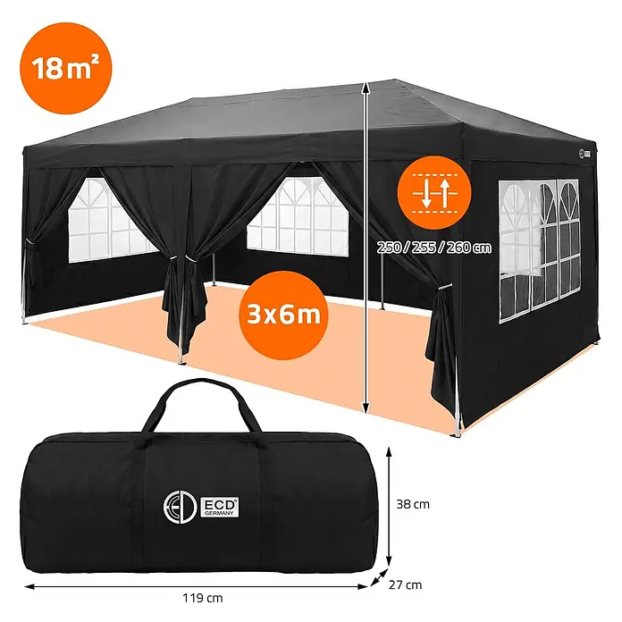 ECD Germany Faltpavillon - B x T: 600 x 600 cm, Farbe Dach: Schwarz