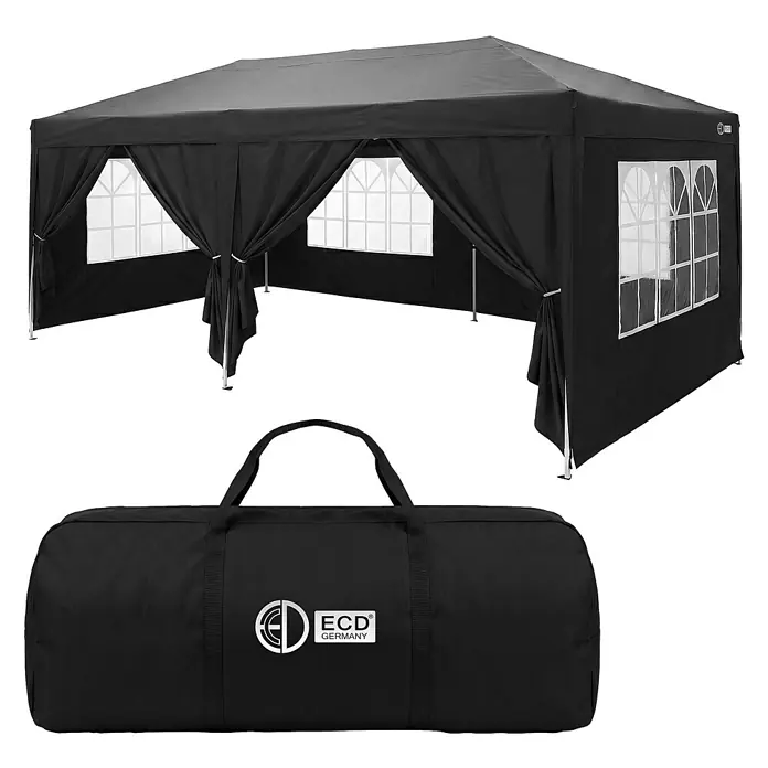 ECD Germany Faltpavillon - B x T: 600 x 600 cm, Farbe Dach: Schwarz - Schwarzes Partyzelt mit Seitenwänden, Fenstern und Tragetasche. Das Zelt ist aufgebaut und verpackt zu sehen.