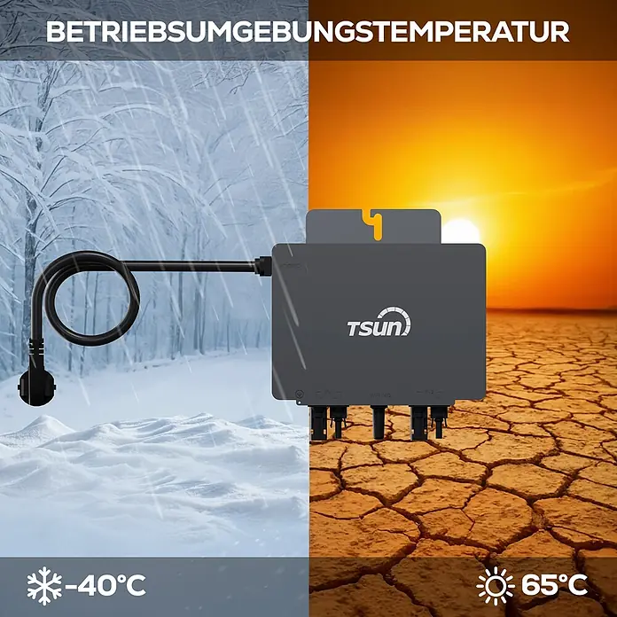 Sunniva Balkonkraftwerk-Set 2000 / 800 Watt mit TSUN MX800Lite Wechselrichter - Nennleistung: 800 W - Grauer TSUN Mikro-Wechselrichter mit Kabeln, der einen Betriebstemperaturbereich von -40°C bis 65°C darstellt.