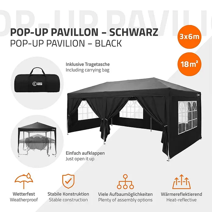 ECD Germany Faltpavillon - B x T: 600 x 600 cm, Farbe Dach: Schwarz - Schwarzer Pop-Up Pavillon (3x6m) mit Seitenwänden, mit Tragetasche und im teilweise aufgebauten Zustand.