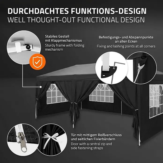 ECD Germany Faltpavillon - B x T: 600 x 600 cm, Farbe Dach: Schwarz - Schwarzes Partyzelt mit Details: stabiler Klapprahmen, Eckbefestigungspunkte und Reißverschlusstür mit Seitenbändern.