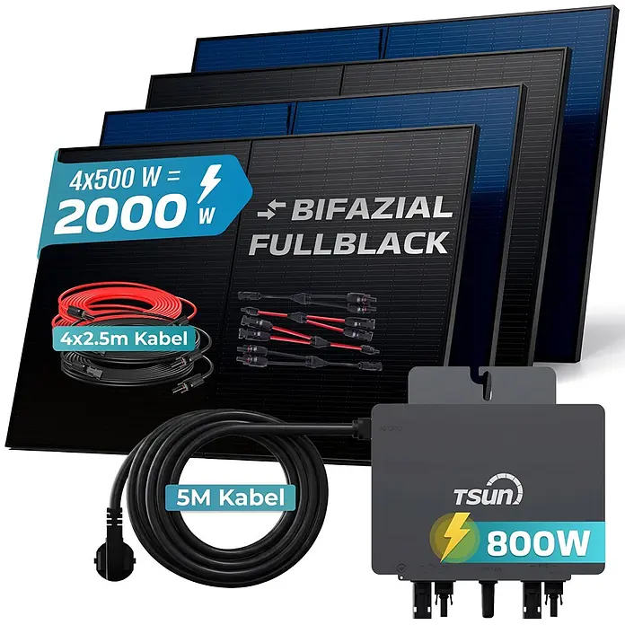 Sunniva Balkonkraftwerk-Set 2000 / 800 Watt mit TSUN MX800Lite Wechselrichter - Nennleistung: 800 W - Solarpanel-Komplettset mit vier schwarzen bifazialen Modulen (2000W gesamt), 800W Wechselrichter und Kabeln.