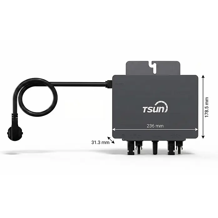 Sunniva Balkonkraftwerk-Set 2000 / 800 Watt mit TSUN MX800Lite Wechselrichter - Nennleistung: 800 W - Dunkelgrauer TSUN Solar-Mikrowechselrichter mit AC-Kabel, Stecker und Maßen: 236mm Länge, 178.5mm Höhe, 31.3mm Tiefe.