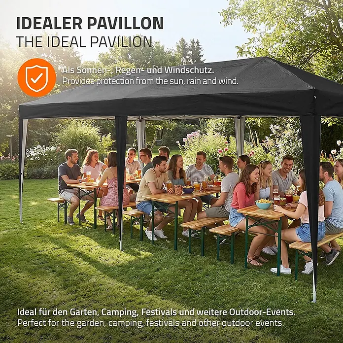 ECD Germany Faltpavillon - B x T: 600 x 600 cm, Farbe Dach: Schwarz - Ein schwarzer Pavillon schützt Menschen, die an Biertischen in einem sonnigen Garten feiern.