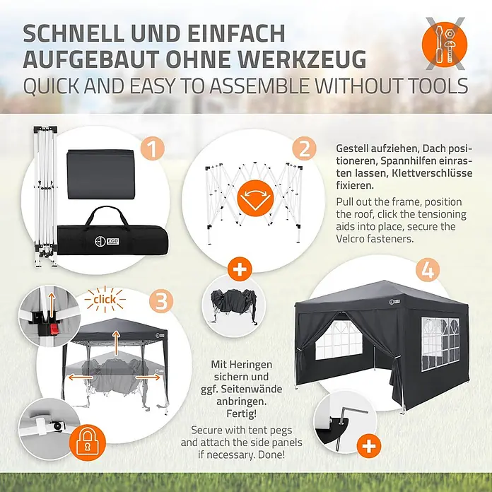 ECD Germany Faltpavillon - B x T: 300 x 300 cm, Farbe Dach: Anthrazit - Montageanleitung als Infografik für ein schwarzes Faltpavillon, das den schnellen, werkzeuglosen Aufbau vom Gestell bis zum fertigen Zelt mit Seitenwänden zeigt.