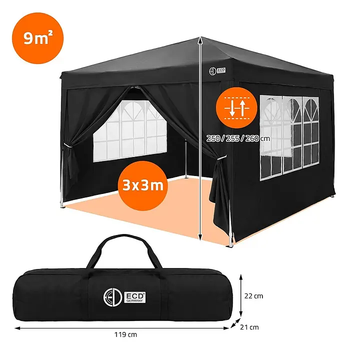 ECD Germany Faltpavillon - B x T: 300 x 300 cm, Farbe Dach: Anthrazit - Schwarzer 3x3m Faltpavillon mit verstellbarer Höhe und Tragetasche.