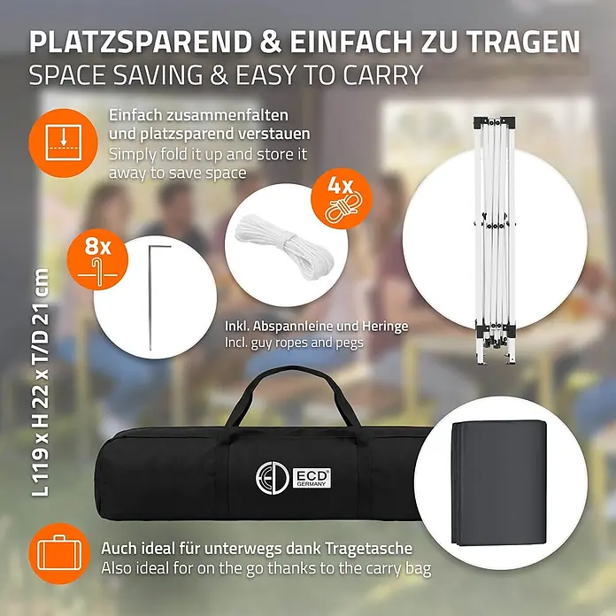 ECD Germany Faltpavillon - B x T: 300 x 300 cm, Farbe Dach: Anthrazit - Faltbares weißes Gestell mit 8 Heringen, 4 Abspannleinen und schwarzer Tragetasche, Maße L119xH22xT/D21cm, betont die Tragbarkeit.