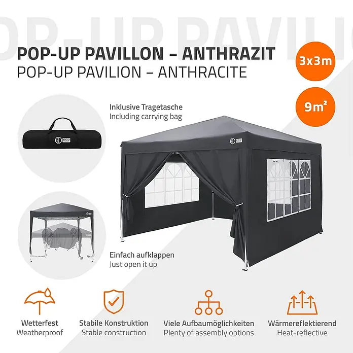 ECD Germany Faltpavillon - B x T: 300 x 300 cm, Farbe Dach: Anthrazit - Anthrazitfarbener Pop-up Pavillon mit Fenstern, montiert und gefaltet in Tragetasche gezeigt, hebt Wetterfestigkeit und einfachen Aufbau hervor.