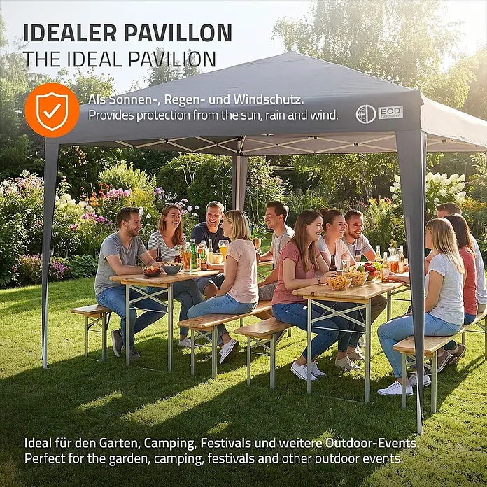 ECD Germany Faltpavillon - B x T: 300 x 300 cm, Farbe Dach: Anthrazit - Ein grauer Faltpavillon im sonnigen Garten, spendet Schatten für eine Gruppe Menschen an Tischen und Bänken.