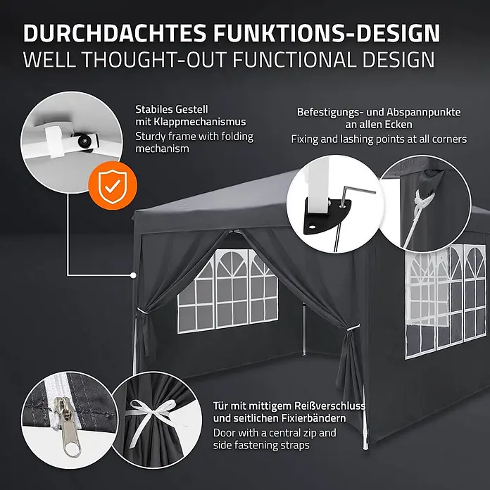 ECD Germany Faltpavillon - B x T: 300 x 300 cm, Farbe Dach: Anthrazit - Dunkelgraues Festzelt mit verstärktem Rahmen, Klappmechanismus, Eckbefestigungspunkten und Reißverschlusstür mit Seitenbändern.
