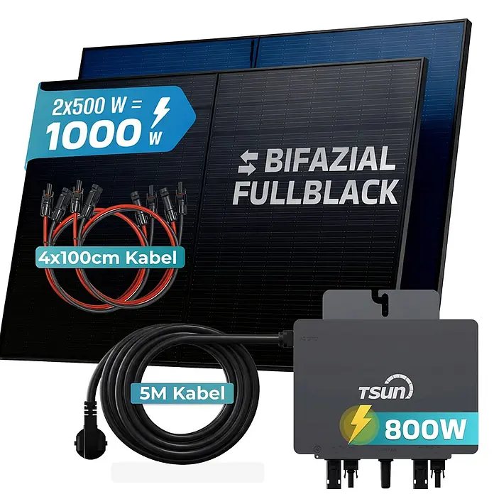 Sunniva Balkonkraftwerk-Set 1000 / 800 Watt mit TSUN MX800Lite Wechselrichter - Nennleistung: 800 W - Solarpanel-Set: 2x 500W bifaziale Panels, 800W Wechselrichter und Anschlusskabel.