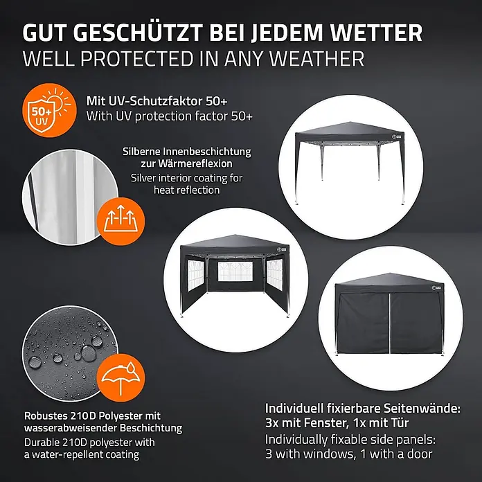 ECD Germany Faltpavillon - B x T: 300 x 300 cm, Farbe Dach: Anthrazit - Schwarzes Faltzelt mit UV 50+ Schutz, silberner Innenbeschichtung, wasserabweisendem Material und variablen Seitenwänden (3x Fenster, 1x Tür).