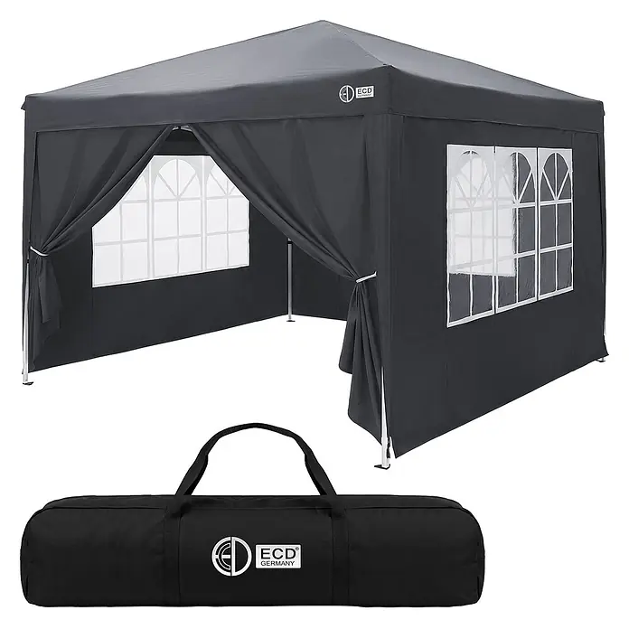 ECD Germany Faltpavillon - B x T: 300 x 300 cm, Farbe Dach: Anthrazit - Dunkelgraues Festzelt mit Fenstern, aufgebaut und mit passender schwarzer Tragetasche.