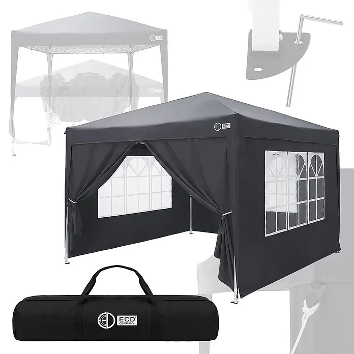 ECD Germany Faltpavillon - B x T: 300 x 300 cm, Farbe Dach: Anthrazit - Dunkelgrauer Faltpavillon mit Fenstern und Tragetasche, ideal für Gartenpartys oder Veranstaltungen.