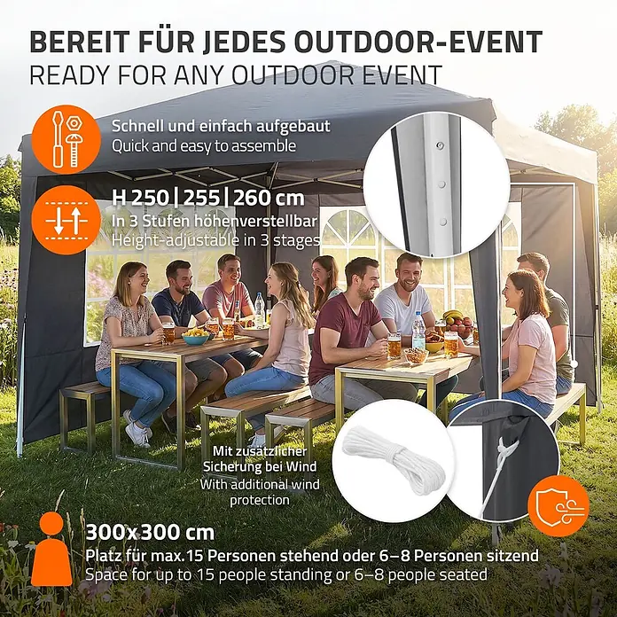 ECD Germany Faltpavillon - B x T: 300 x 300 cm, Farbe Dach: Anthrazit - Dunkelgraues Pop-up-Pavillon für Outdoor-Events, 300x300 cm, höhenverstellbar, mit feiernden Personen abgebildet.