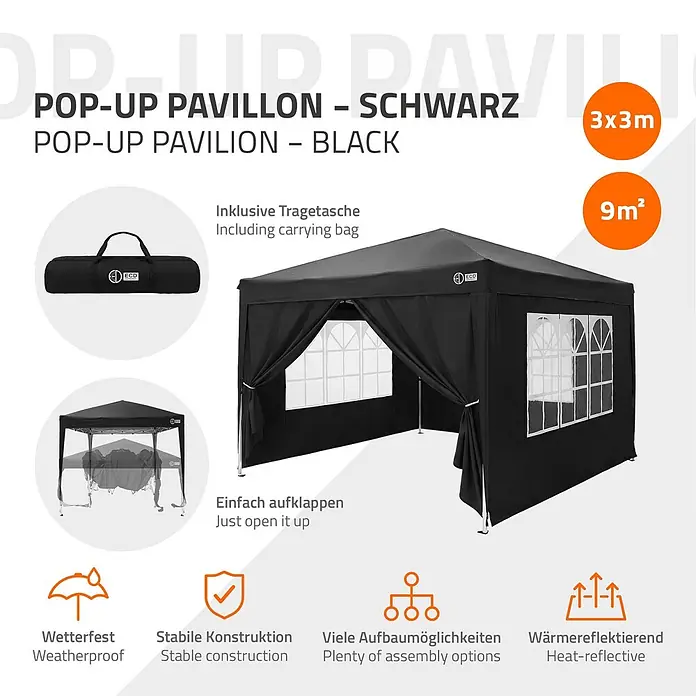 ECD Germany Faltpavillon - B x T: 300 x 300 cm, Farbe Dach: Schwarz - Schwarzer 3x3m Pop-Up Pavillon mit Seitenwänden, Tragetasche und Aufbau-Illustration. Wetterfest und wärmereflektierend.