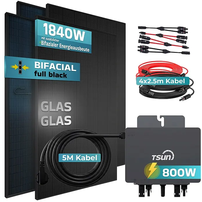 Sunniva Balkonkraftwerk-Set 1840 / 800 Watt mit TSUN MX800Lite Wechselrichter - Nennleistung: 800 W - Bifaziales, voll schwarzes Glas-Glas Solarmodul-Set (1840W gesamt) mit 800W Wechselrichter, MC4-Steckern und Kabeln.