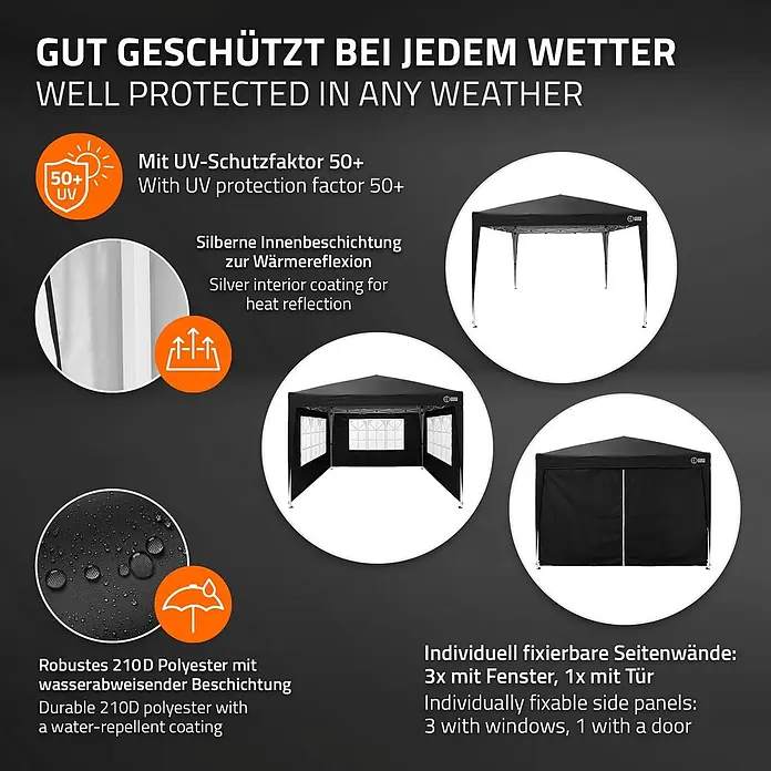 ECD Germany Faltpavillon - B x T: 300 x 300 cm, Farbe Dach: Schwarz - Schwarzer Faltpavillon mit UV 50+ Schutz, wasserabweisender Beschichtung und anpassbaren Seitenwänden.