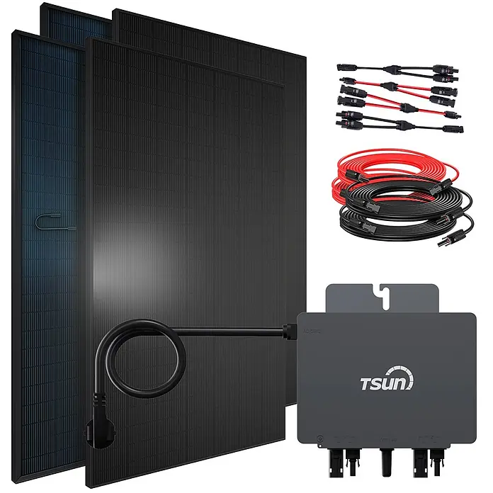 Sunniva Balkonkraftwerk-Set 1840 / 800 Watt mit TSUN MX800Lite Wechselrichter - Nennleistung: 800 W - Schwarz-graues Solarmodul-Kit mit drei Panels, TSUN-Mikrowechselrichter, roten und schwarzen Kabeln und Anschlüssen.