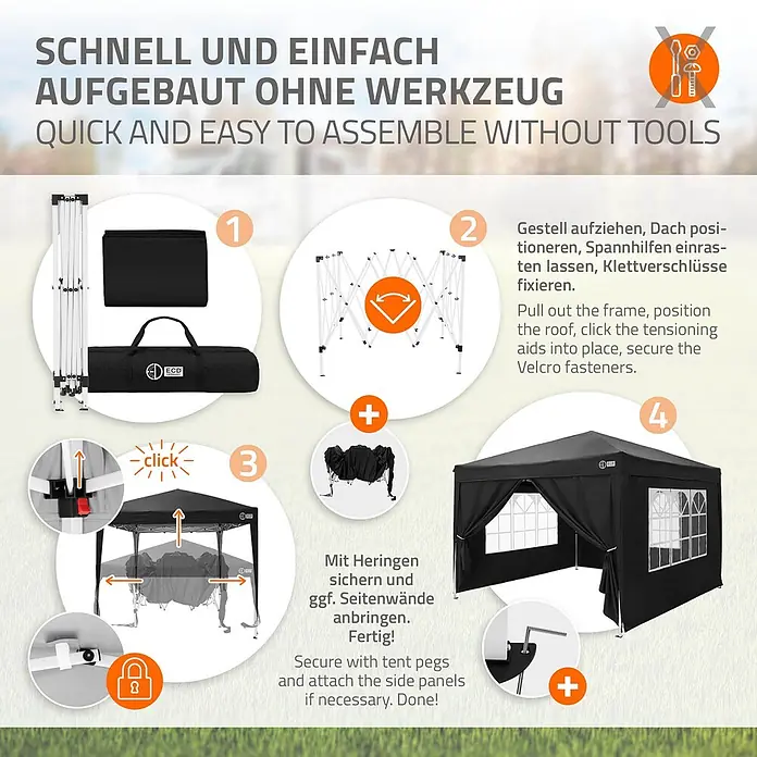 ECD Germany Faltpavillon - B x T: 300 x 300 cm, Farbe Dach: Schwarz - Schwarzer Faltpavillon in mehreren Schritten ohne Werkzeug aufgebaut, von der Verpackung bis zum fertigen Zelt mit Seitenwänden und Fenster.