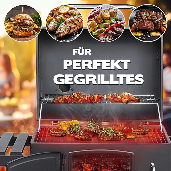 TAINO Holzkohlegrill HERO XL - Schwarz - Schwarzer Grill beim Zubereiten von Fleisch und Gemüse, perfekt für gegrillte Speisen.