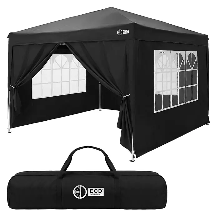 ECD Germany Faltpavillon - B x T: 300 x 300 cm, Farbe Dach: Schwarz - Schwarzes Partyzelt mit Fensterpaneelen und passender Tragetasche.
