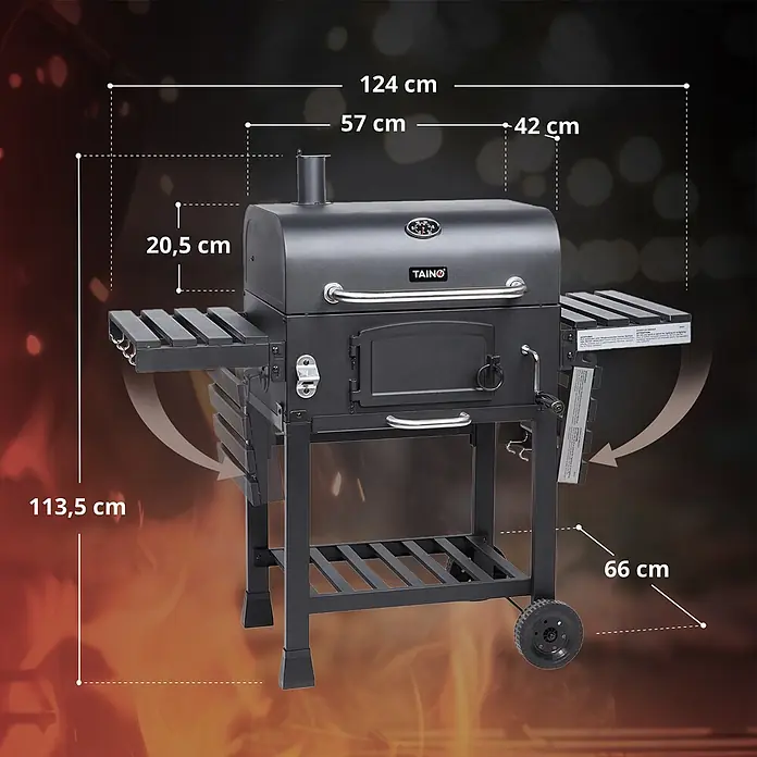 TAINO Holzkohlegrill HERO XL - Schwarz - Schwarzer Metall-Holzkohlegrill und Smoker mit klappbaren Seitenablagen und Rollen. Abmessungen sind gezeigt.