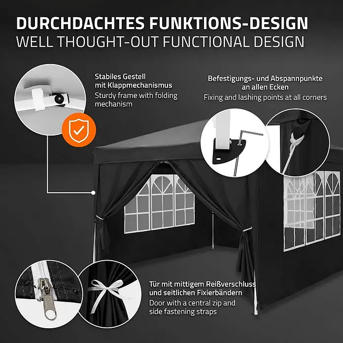 ECD Germany Faltpavillon - B x T: 300 x 300 cm, Farbe Dach: Schwarz - Schwarzer Faltpavillon mit stabilem Klappgestell, Abspannpunkten an den Ecken und Reißverschlusstür mit Haltebändern.