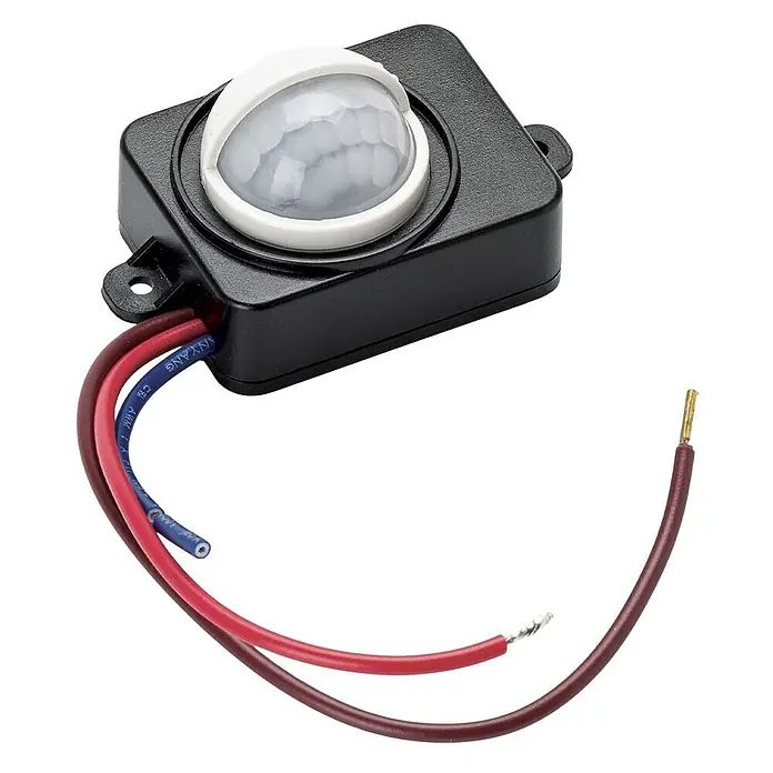 Orion Lightstyle Bewegungsmelder - Reichweite Sensor: 10 m, Weiß, Erfassungswinkel Sensor: 150 °, L x B x H: 4,6 x 3,6 x 1,6 cm - Schwarzer quadratischer Bewegungssensor mit durchscheinender Kuppel und angeschlossenen roten, blauen und braunen Elektrokabeln.