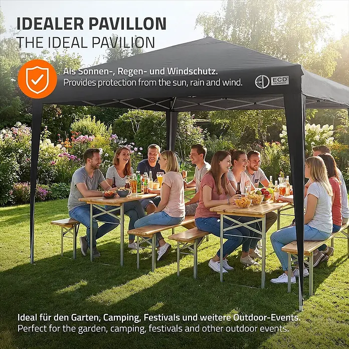 ECD Germany Faltpavillon - B x T: 300 x 300 cm, Farbe Dach: Schwarz - Schwarzer Pavillon im Garten, bietet Schutz für Personen an Tischen. Ideal für Veranstaltungen und Versammlungen.
