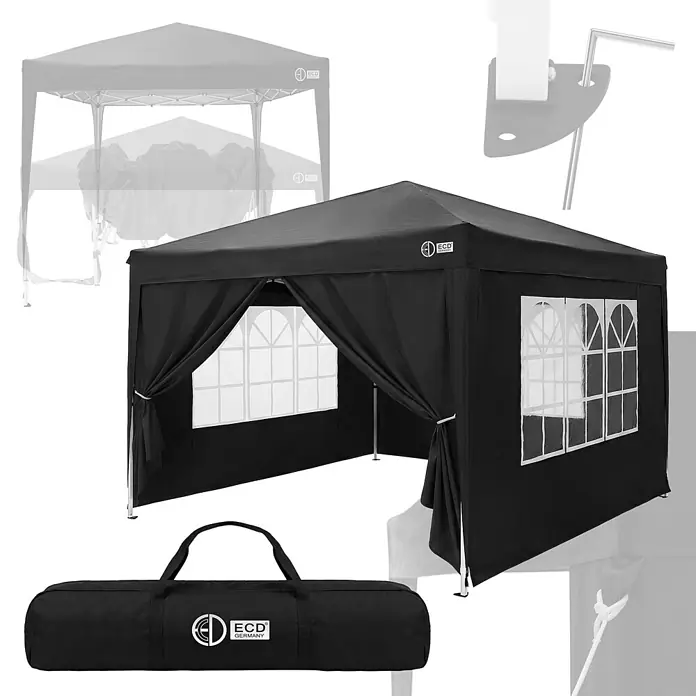 ECD Germany Faltpavillon - B x T: 300 x 300 cm, Farbe Dach: Schwarz - Schwarzer Faltpavillon mit Fenstern und Tragetasche. Das faltbare Zelt bietet schnellen Schutz.