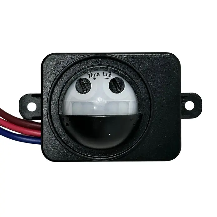 Orion Lightstyle Bewegungsmelder - Reichweite Sensor: 10 m, Weiß, Erfassungswinkel Sensor: 150 °, L x B x H: 4,6 x 3,6 x 1,6 cm - Schwarzer PIR-Bewegungssensor mit weißer Kuppel, roten, blauen, braunen Kabeln und 'Time'/'Lux' Einstellschrauben.