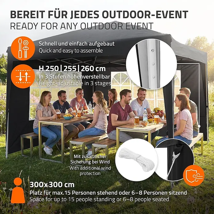 ECD Germany Faltpavillon - B x T: 300 x 300 cm, Farbe Dach: Schwarz - Schwarzes Outdoor-Pavillon mit Essbereich für Personen, höhenverstellbar und mit Windschutz.