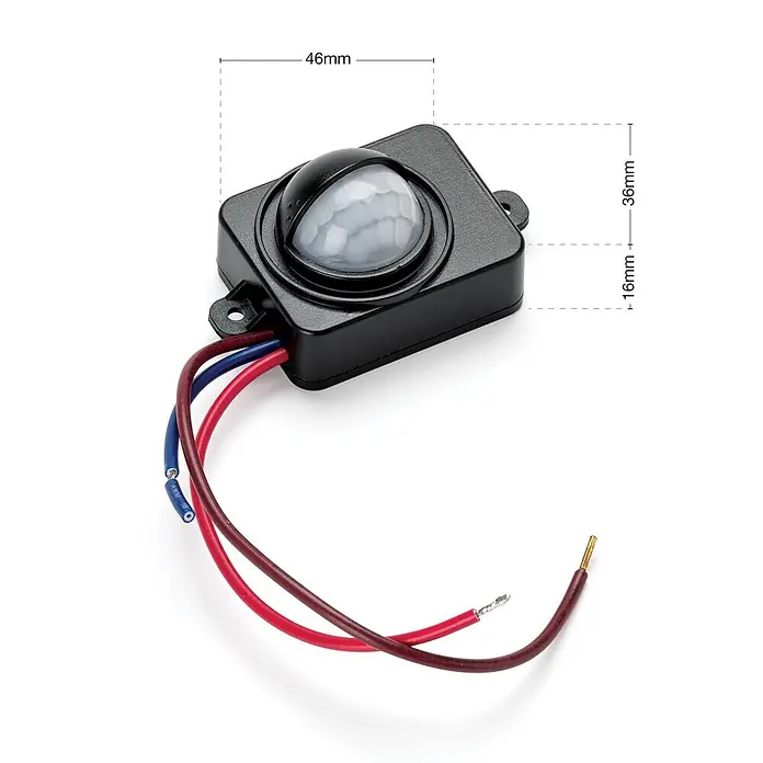 Orion Lightstyle Bewegungsmelder - Reichweite Sensor: 10 m, Schwarz, Erfassungswinkel Sensor: 150 °, L x B x H: 4,6 x 3,6 x 1,6 cm - Schwarzes PIR-Bewegungssensormodul mit durchsichtiger Kuppellinse und angeschlossenen rot, blau und braunen Kabeln, 46x36x16mm.