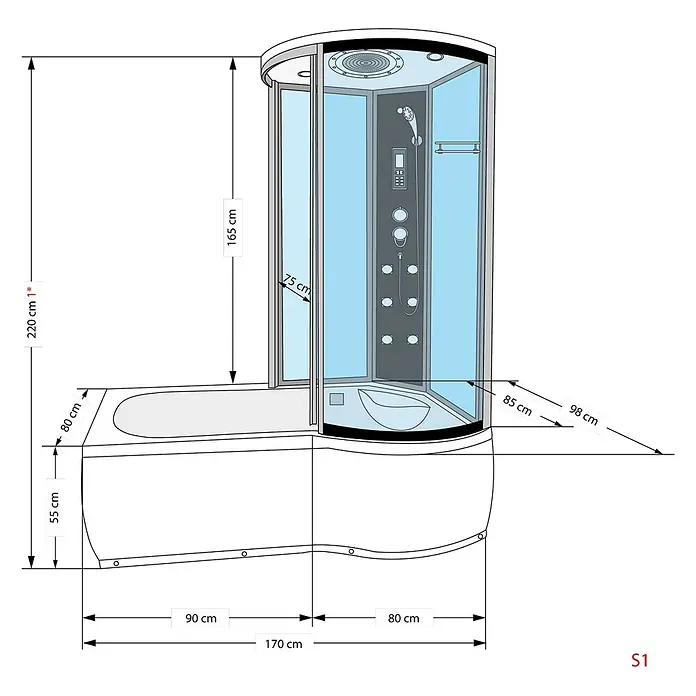 AcquaVapore Komplettdusche Fertigdusche K55-L01-WP-EC - Weiß - Kombinierte weiße Badewanne und Duschkabine mit klaren und grauen Paneelen.