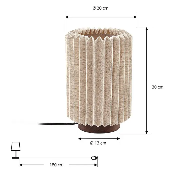 Lindby Tischleuchte Maveo - Holz dunkel, alu / grau / zink, E27 - Plissierte beigefarbene Stoff-Tischleuchte mit Holzsockel, 30 cm hoch, 20 cm Durchmesser. 180 cm Kabel.