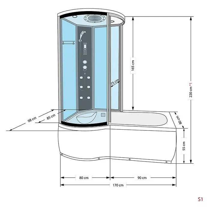 AcquaVapore Komplettdusche Fertigdusche K55-R01 - Weiß - Kombinierte Duschkabine und Badewanne mit Glaswänden, integriertem Duschsystem und weißer Wanne, detailliert mit Maßen.