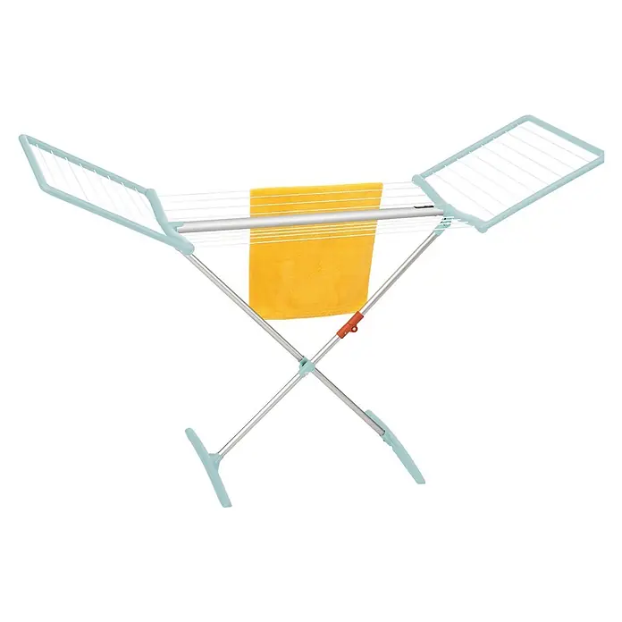 Juwel Flügel-Wäscheständer FashionDry Autostretch - Länge Wäscheleine: 18 m, L x B x H: 180 x 57,5 x 103,5 cm, Mint - Ein silberner und hellblauer Wäscheständer mit einem gelben Handtuch über einer Stange.